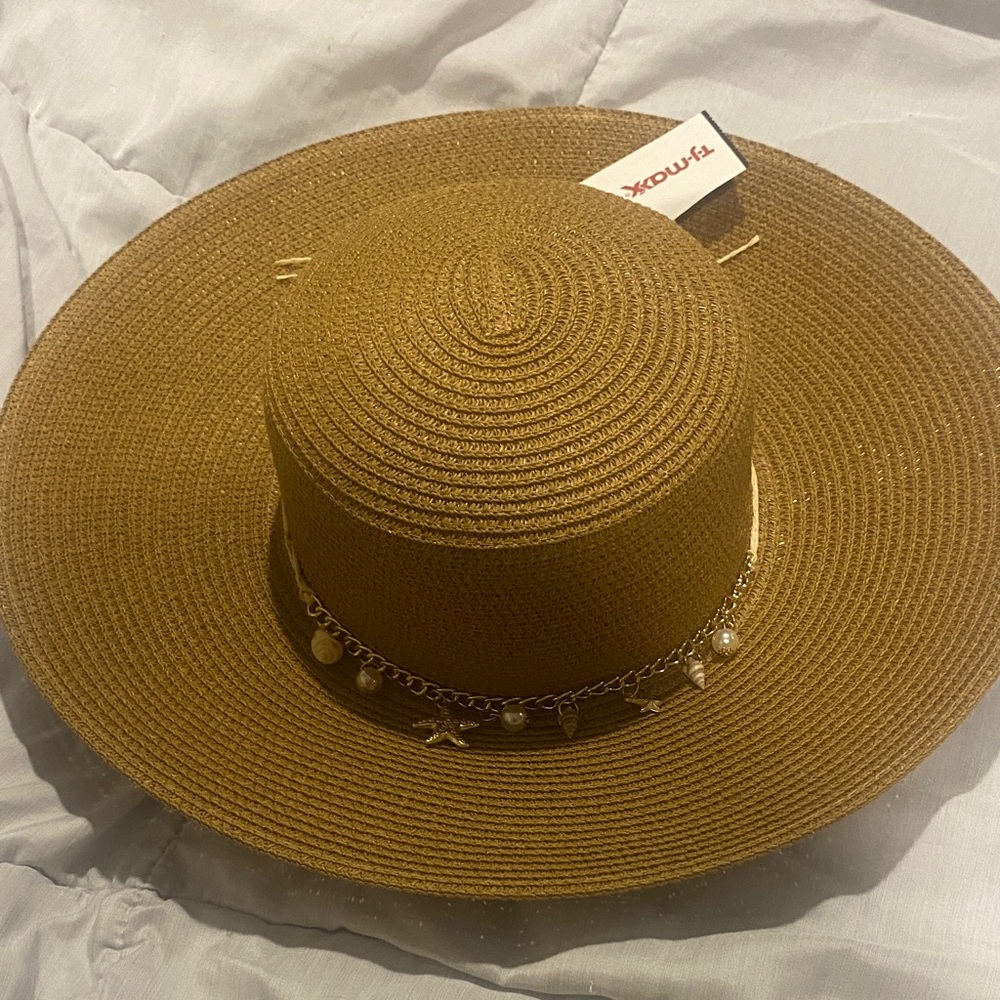 Rachel Zoe Brown Wide-Brim Hat with Chain Accent